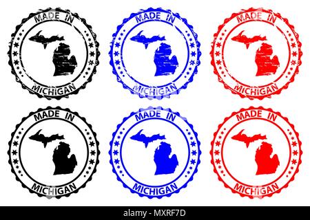 Made in Michigan - rubber stamp - vector, Michigan (United States of America) map pattern - black, blue  and red Stock Vector