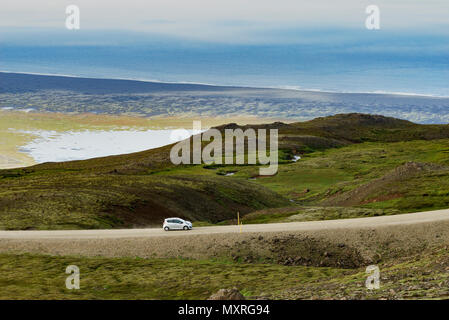 Car on the Ring Road, Eastern Iceland Stock Photo