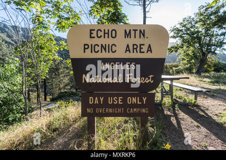 Los Angeles County, California, USA - June 3, 2018:  Echo Mtn Picnic Area sign in the Angeles National Forest.  A popular hiking destination three mil Stock Photo