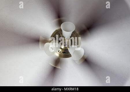 Classic polished brass ceiling fan with light in motion. Stock Photo