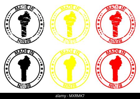 Made in Benin - rubber stamp - vector, Benin map pattern - black, yellow and red Stock Vector