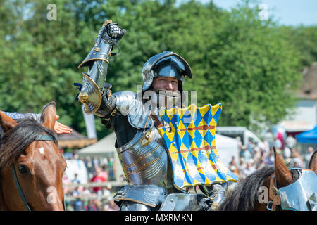 A knight in armour and on horseback celebrates during a jousting competition at the Weald And Downland Living Museum in Singleton, West Sussex, UK. Stock Photo