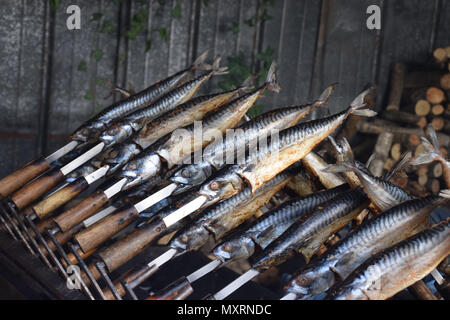 grilled seafood on charcoal grill in summertime Stock Photo