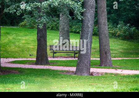 Park, alder (Alnus), lawn, park paths and old park bench. Nostalgia for the past, sentimental walk Stock Photo