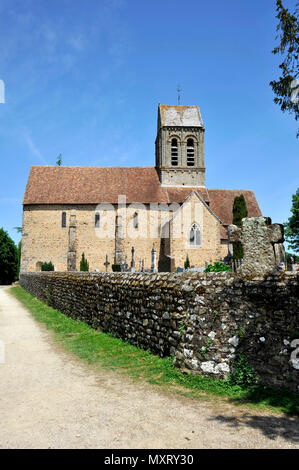 Saint-Ceneri-le-Gerei (Normandy, north-western France). Romanesque church and cimetery of the village of the Alpes mancelles region labelled one of th Stock Photo