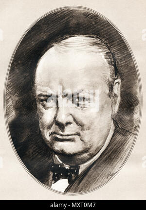Sir Winston Leonard Spencer-Churchill, 1874 – 1965.  British politician, army officer, writer and two times  Prime Minister of the United Kingdom.   Illustration by Gordon Ross, American artist and illustrator (1873-1946), from Living Biographies of Famous Men. Stock Photo