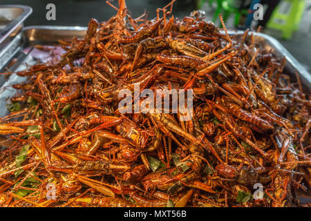 Street Vendor selling fried insects on Khao San Road, Bangkok, Thailand, Stock Photo