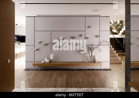 Hall in a modern style with different luminous lamps, light walls and a parquet on a floor. There is a wall decorated with chrome birds, wooden rack w Stock Photo
