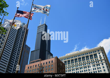 Flags waive in the wind and frame the Willis Tower on a street in Chicago's South Loop. Stock Photo