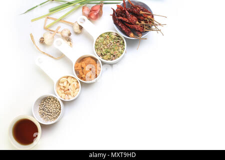 Dries chili, pepper,lemongrass,garlic,Coconut sugar and fish sauce, Thai herbs on white background. Stock Photo