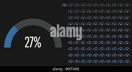 Set of semicircle percentage diagrams from 0 to 100 ready-to-use for web design, user interface (UI) or infographic - indicator with blue Stock Vector