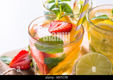 Strawberry lemonade on white. Iced drink. Close up Stock Photo