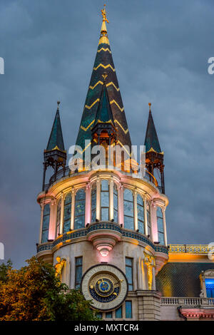 Batumi, Georgia - August 25, 2017: Astronomical clock tower, on the restored facade of the former National Bank building in Europe park Stock Photo