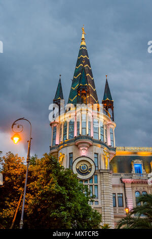 Batumi, Georgia - August 25, 2017: Astronomical clock tower, on the restored facade of the former National Bank building in Europe park Stock Photo