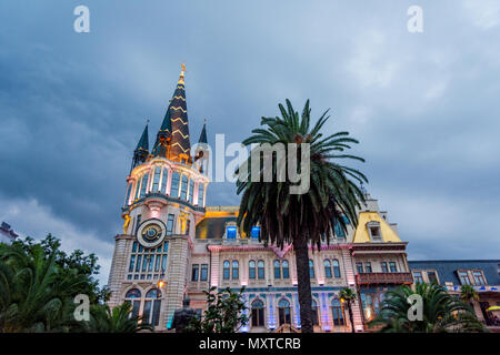 Batumi, Georgia - August 25, 2017: Astronomical clock tower, on the restored facade of the former National Bank building in Europe park Stock Photo