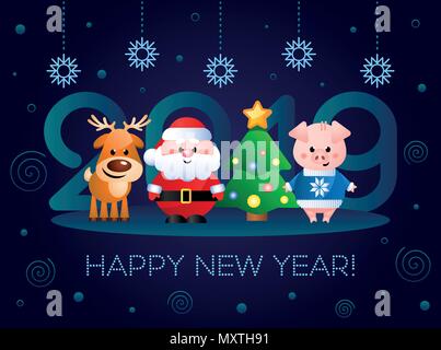 Happy New Year 2019! Greeting card with cute cartoon characters. Santa Clause, Pig and Reindeer with Christmas tree. Vector illustration. Stock Vector