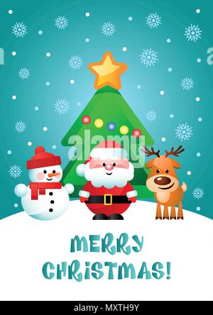Merry Christmas! Greeting card with cute cartoon characters. Santa Clause, Snowman and Reindeer with Christmas tree. Vector illustration. Stock Vector