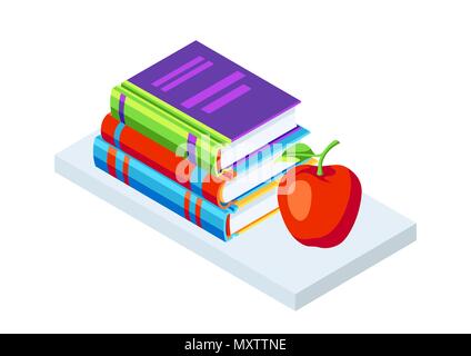 Isometric icon books with apple. Stock Vector