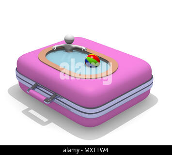Vacation concept with a pink luggage and a swimming pool, 3d rendering Stock Photo
