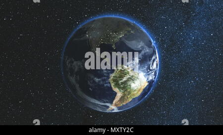 Realistic Earth Planet, rotating on its axis in space against the background of the star sky. Seamless loop. Astronomy and science concept. Night city lights. Elements of image furnished by NASA Stock Photo
