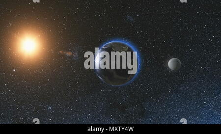 Sunrise view from space on Planet Earth and Moon rotating in space against the background of the star sky and the Sun. Seamless loop. Astronomy and science concept. Elements of image furnished by NASA Stock Photo