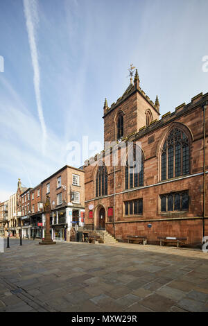 Red sandstone gothic, Landmark St Peters Church, The Cross, Chester, Cheshire, England. in the city centre. Designated Grade I listed building Stock Photo