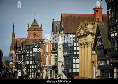 landmark main shopping road Eastgate Street Chester, Cheshire, England, Tudor shops in the historic city centre Stock Photo