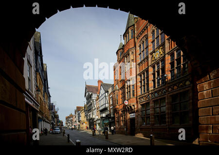 landmark main shopping road Eastgate Street Chester, Cheshire, England, Tudor shops in the historic city centre Stock Photo