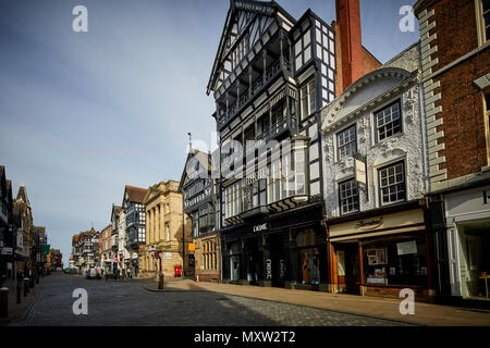 landmark main shopping road Eastgate Street Chester, Cheshire, England, Tudor shops in the historic city centre Stock Photo