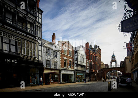 landmark main shopping road Eastgate Street Chester, Cheshire, England, Tudor shops in the historic city centre Stock Photo