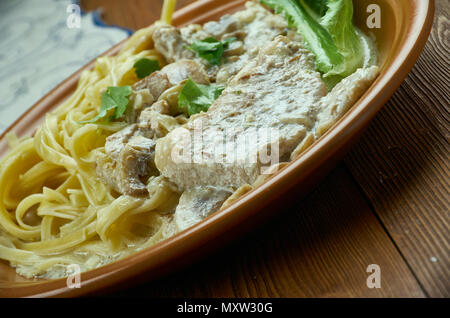 Tender Pork Marsala, made with marinated pork tenderloin smothered in a mushroom wine sauce Stock Photo