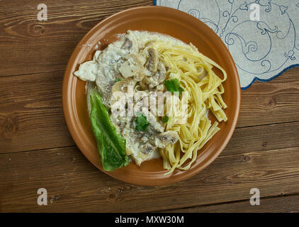 Tender Pork Marsala, made with marinated pork tenderloin smothered in a mushroom wine sauce Stock Photo