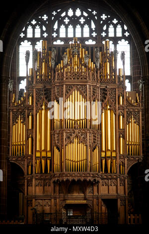 Landmark Romanesque Gothic interior Chester Cathedral, Cheshire, England, Grade I listed tourist attraction in the city centre, organ pipes Stock Photo