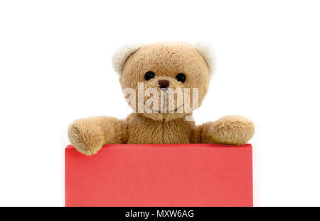 Brown teddy bear holding with the two hands a note in red color with empty space for text message. Photo isolated in a seamless white background. Stock Photo
