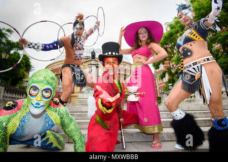 Cast members from Cirque du Soleil pose outside the Albert Hall in London, to announce the return of the production TOTEM to the venue in 2018. Stock Photo