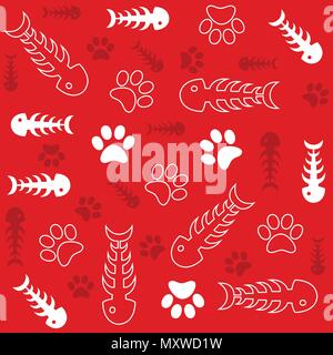 Seamless vector background with fish bones and cat's paws Stock Vector