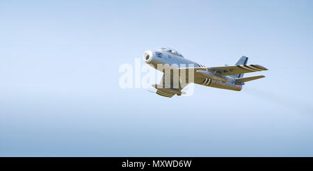 North American F 86A Sabre swept wing jet fighter airplane in flight during the Biggin Hill Air Show at the famous wartime airfield in Kent, England. 2008 Stock Photo