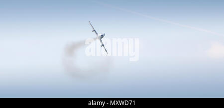 North American F 86A Sabre swept wing jet fighter airplane in flight during the Biggin Hill Air Show at the famous wartime airfield in Kent, England. 2008 Stock Photo