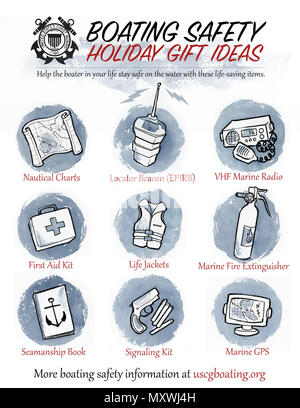 The U.S. Coast Guard recommends a variety of life-saving gift ideas for boaters this holiday season. Equipment such as life jackets and fire extinguishers are required by law and can save lives in the event of a maritime emergency. (U.S. Coast Guard graphic/Petty Officer 2nd Class Cory J. Mendenhall) Stock Photo