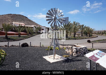 A wind-powered water pump on an olive farm in Fuerteventura, Spain, set up to receive tourists. Stock Photo