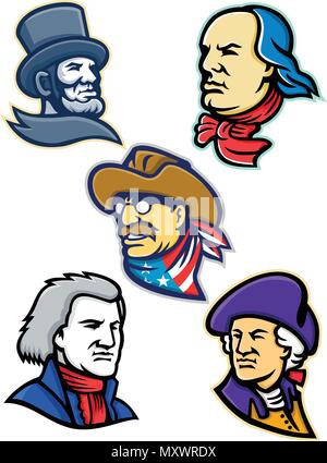 Mascot icon illustration set of heads of American presidents, patriot, heroes and statesman like Abraham Lincoln, Benjamin Franklin,Theodore Roosevelt Stock Vector
