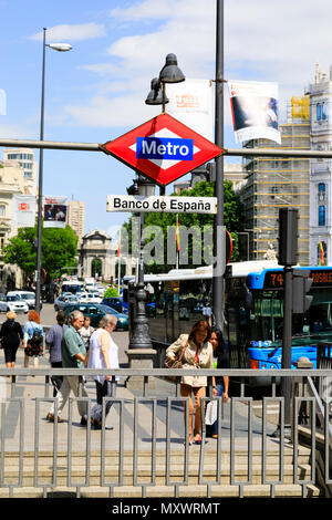 Banco de Espana Metro subway station entrance, Madrid, Spain. May 2018 Stock Photo
