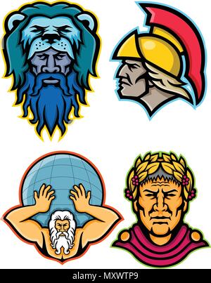 Mascot icon illustration set of heads of Roman and Greek heroes and gods in mythology  like Hercules or Heracles, Achilles or Achilleus, Atlas lifting Stock Vector
