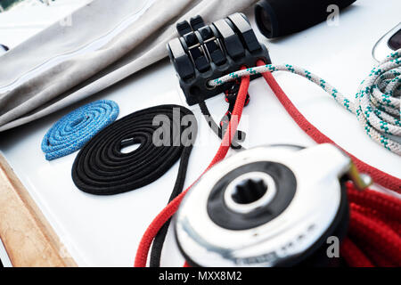 Winch with rope on sailing boat Stock Photo