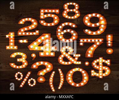 Vector of numbers and symbols in retro style old lamp alphabet for light board on wood background. Stock Vector