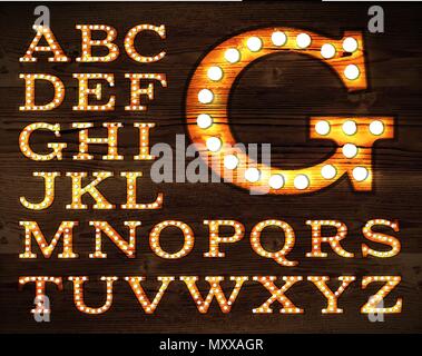 Vector of letters in retro style old lamp alphabet for light board on wood background. Stock Vector