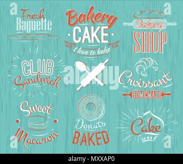 Bakery characters in retro style lettering donuts, croissants, macaron, stylized in retro style sixties Stock Vector