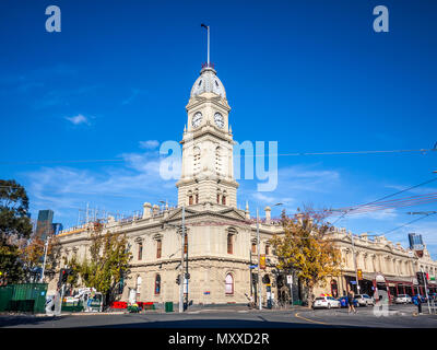 Historic building of the North Melbourne Town Hall on suburban street. It is currently used as an Arts House.VIC Australia. Stock Photo