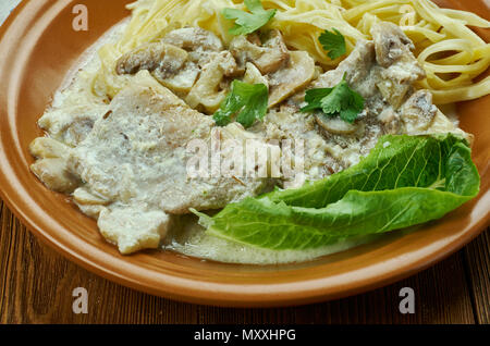 Tender Pork Marsala, made with marinated pork tenderloin smothered in a mushroom wine sauce Stock Photo