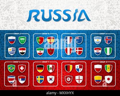 Soccer event team list template. Special sport group schedule with qualified player countries on russian flag background. EPS10 vector. Stock Vector